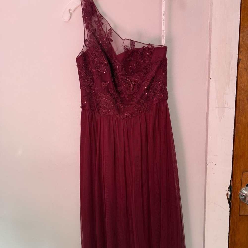 David's Bridal Burgundy One Shoulder Dress